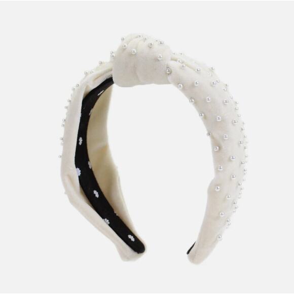 RARE Lele Sadoughi X J.Crew Ivory Velvet Pearl Knotted Statement Headband NWOT - Picture 3 of 6